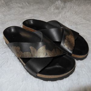 Birkenstock Papillio Daytona Leather Black & Gold Sandal Slides Womens Size 6.5
